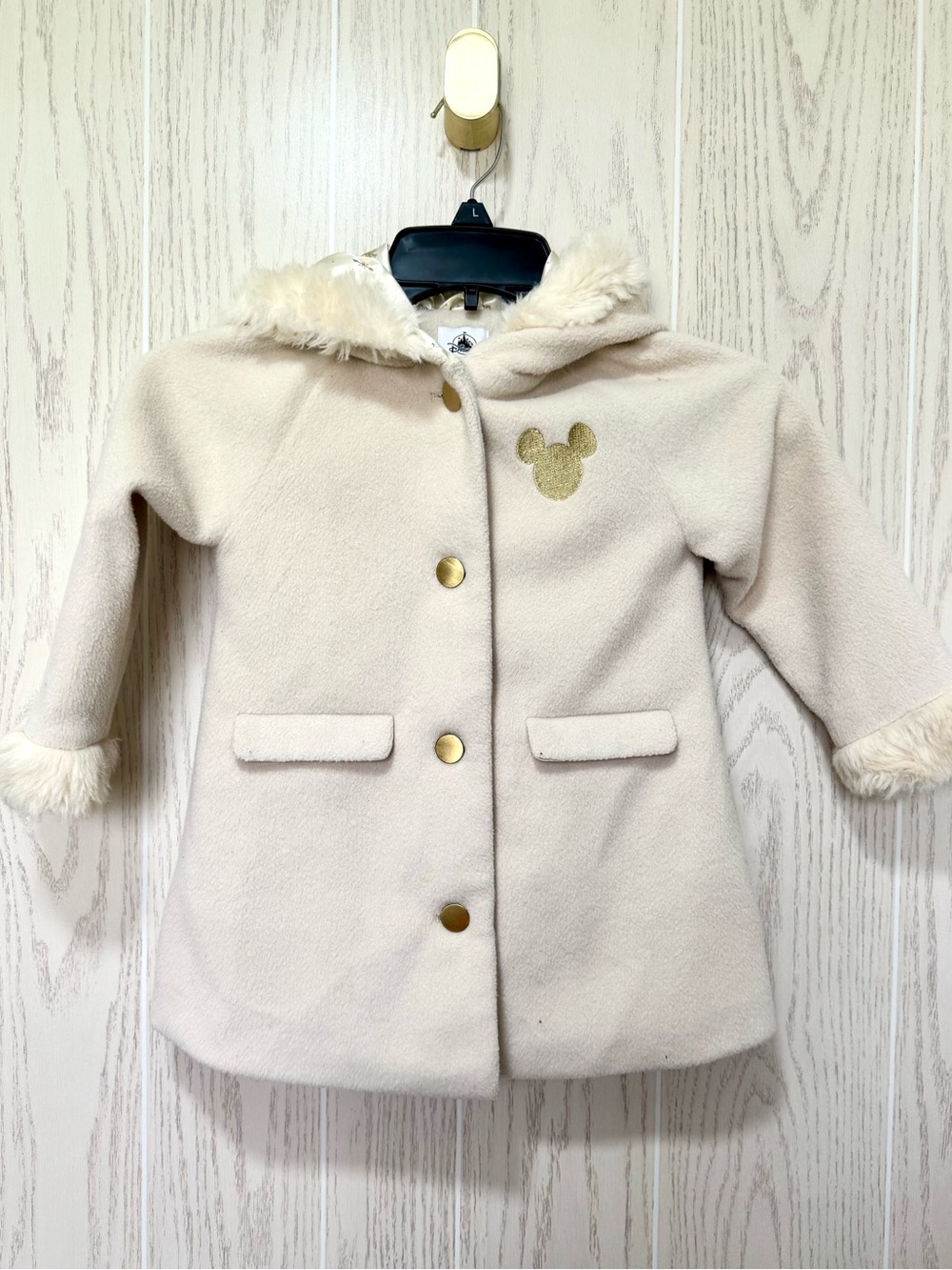 Disney Mickey Mouse Girls Cream Faux Fur Hooded Coat Gold Icon Size 4